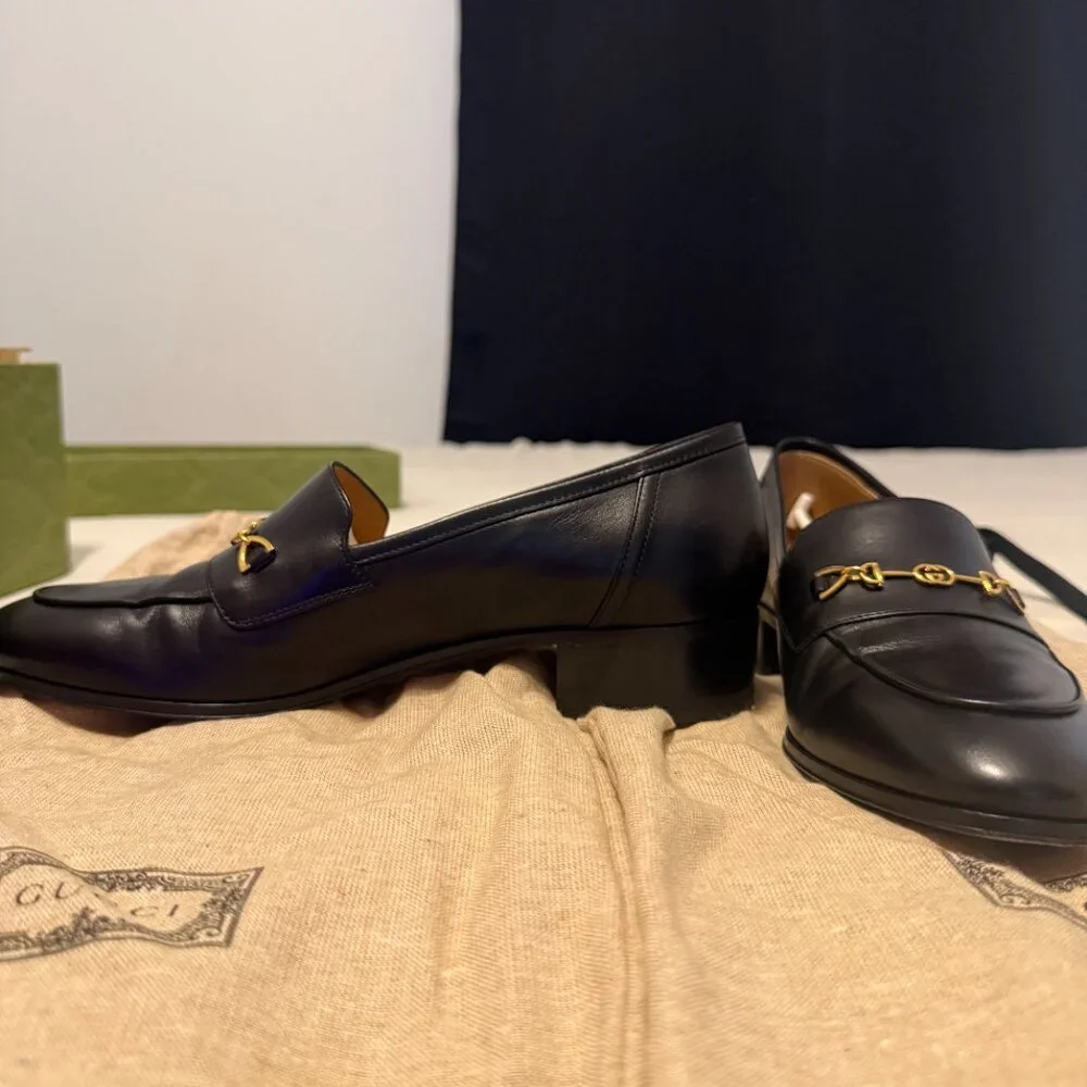 Gucci Jakarta Women Black Leather Loafer Shoes Gold GG Size 38- ORIGINAL PACKAGE - Picture 3 of 9
